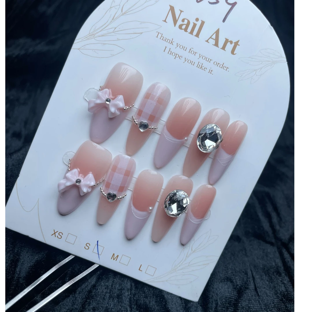 甜甜公主粉色格纹舞鞋温柔可爱蝴蝶结手工穿戴甲