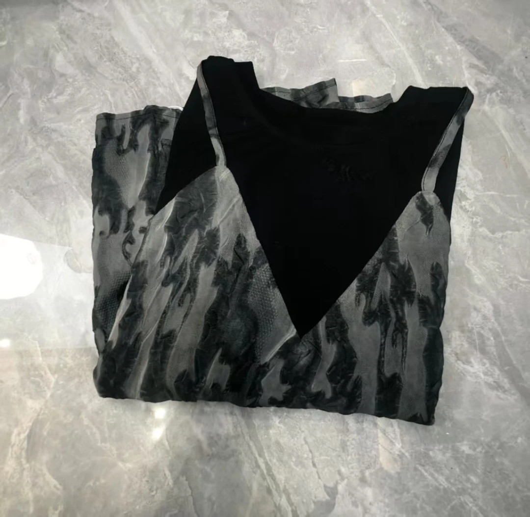 【萍姐甄选】棉氨夏季小性感假两件装饰珠拼接印花衬衫女上衣