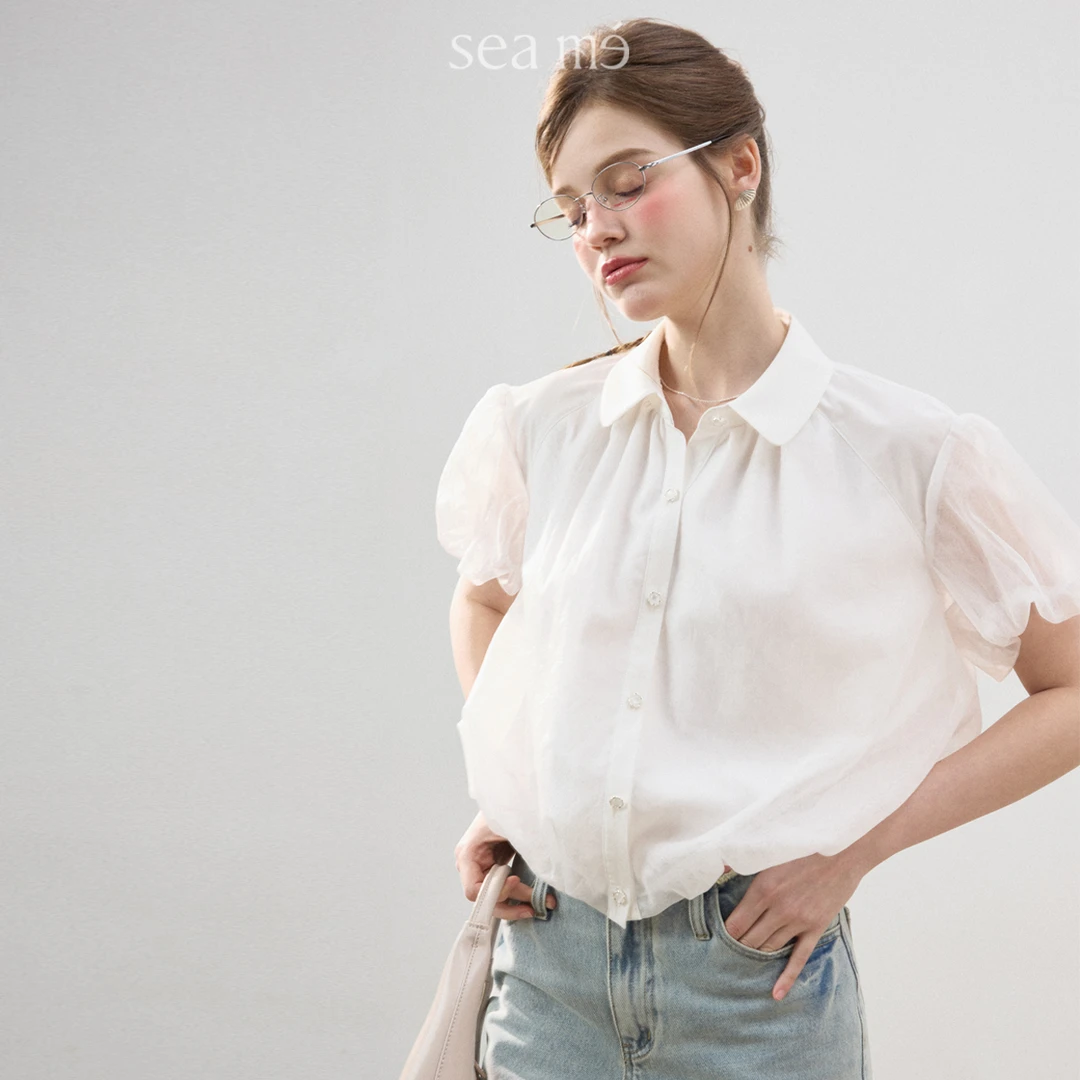 Seame汐觅【气泡水】高智风光泽感网纱泡泡袖衬衫女休闲开衫上衣