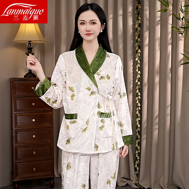 兰麦菓【青蔓幽梦金钻绒】睡衣女2025秋冬季新款国风系带家居服套装