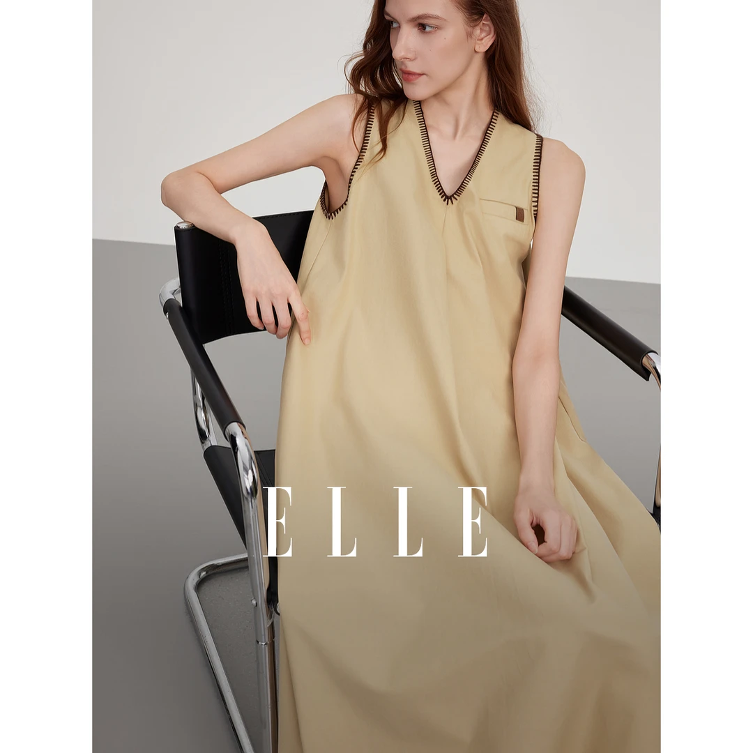 ELLE撞色贝壳绣无袖连衣裙女2025夏季新款V领松弛感长裙子EL52532