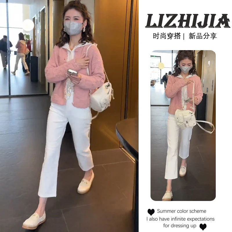 2025春季时尚搭配一整套女新款韩系连帽打底针织马甲牛仔裤三件套