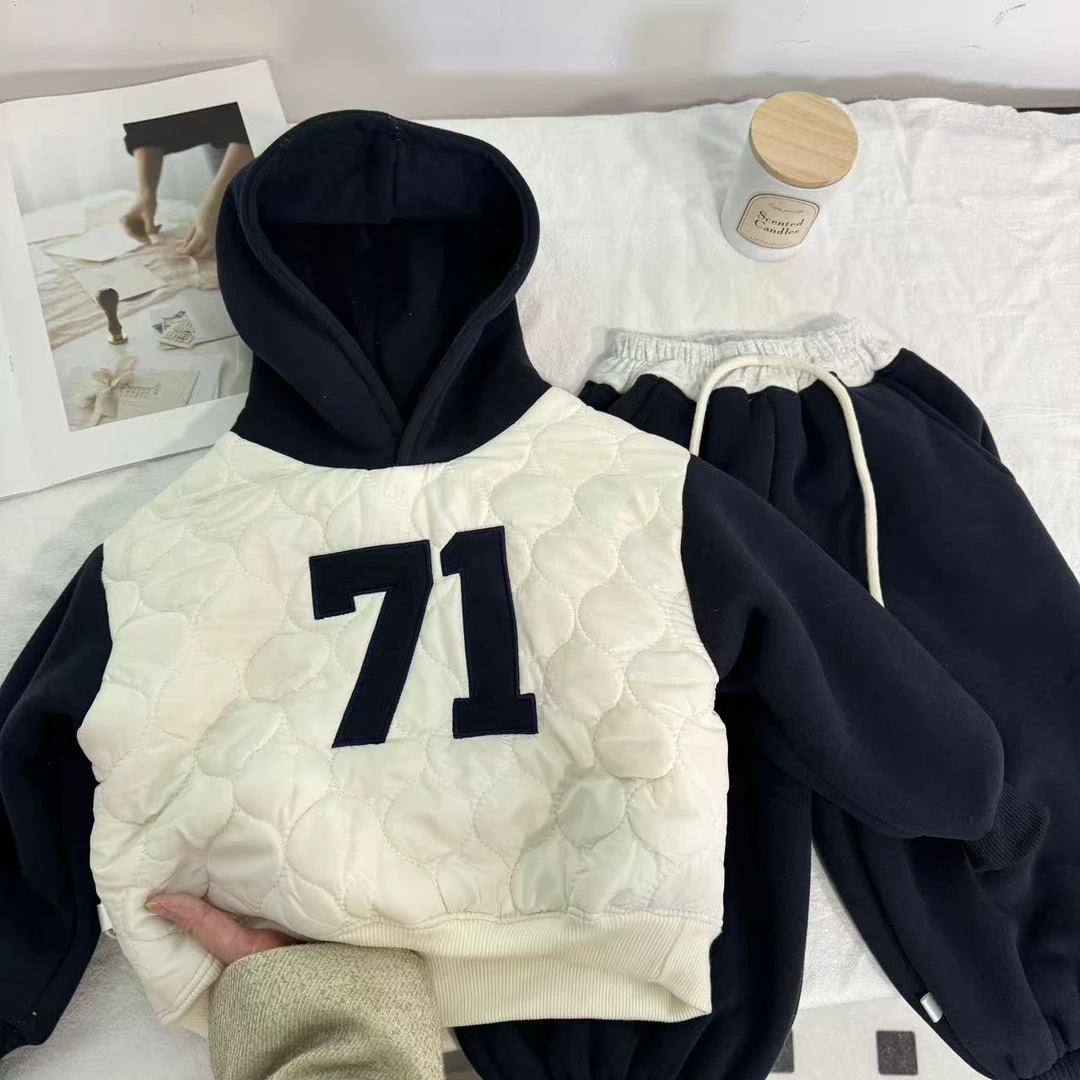 【冬季新品】2025绗棉字母加绒加厚洋气休闲韩版男女童连帽套装