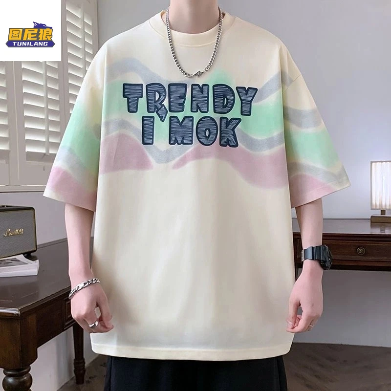图尼狼夏季新款印花短袖T恤男生宽松休闲潮牌青少年学生圆领半袖