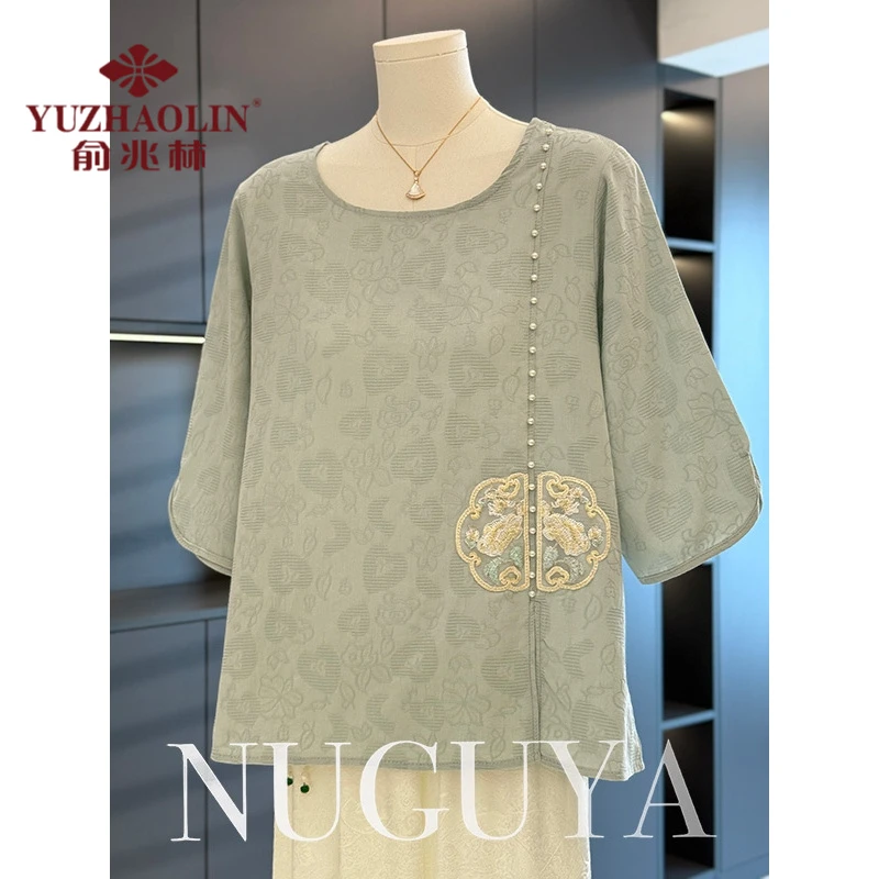 俞兆林新中式国风妈妈装棉麻衬衫七分袖夏装新款上衣减龄气质中老