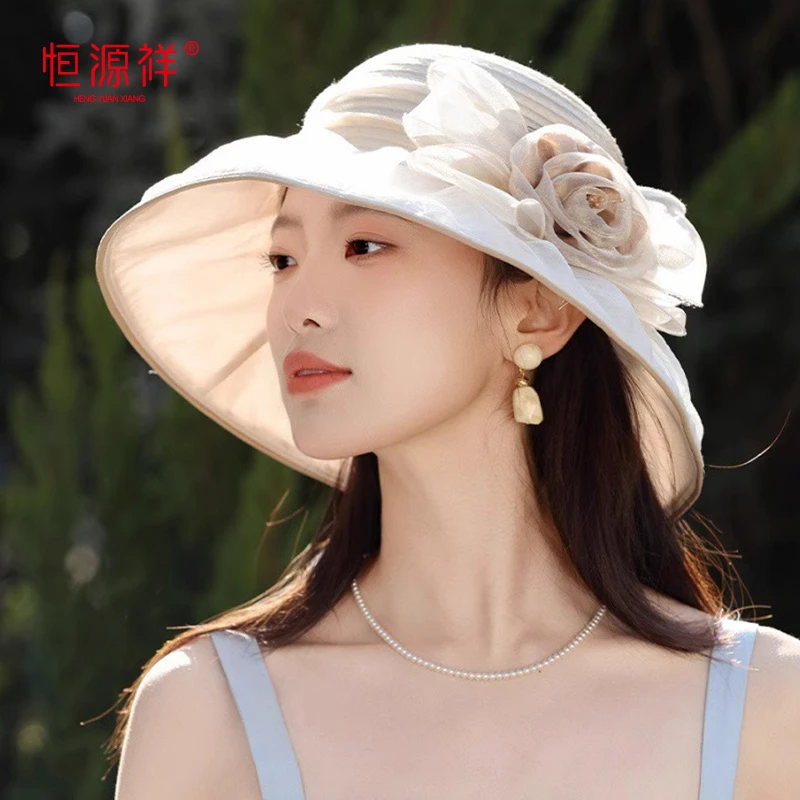 恒源祥贵气优雅欧根纱防晒帽夏季女士户外花朵遮阳帽妈妈太阳帽