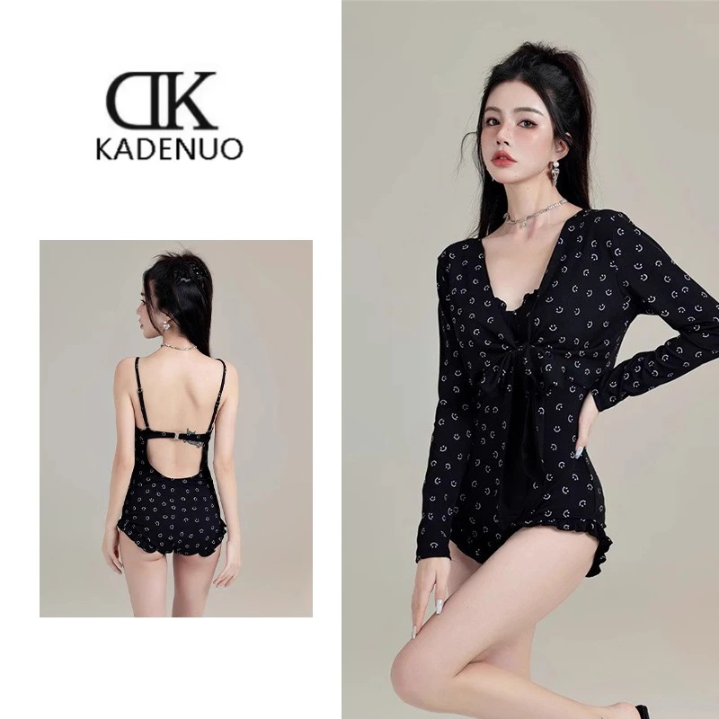 泳衣女款2025新款泡温泉度假显瘦透气黑色波点长袖海边沙滩泳装