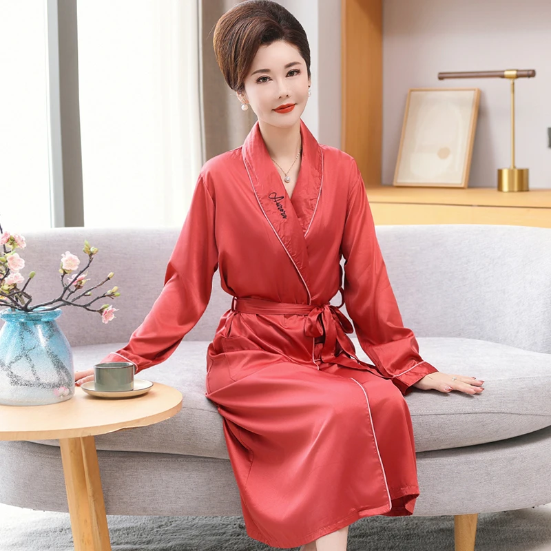 冰丝睡袍女春夏季薄款长袖时尚丝滑凉感轻奢中老年妈妈款浴袍晨袍