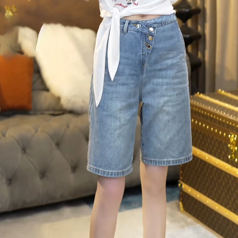 2025新款夏季百搭时尚中高腰简约显瘦宽松5分裤牛仔短裤LK2503045
