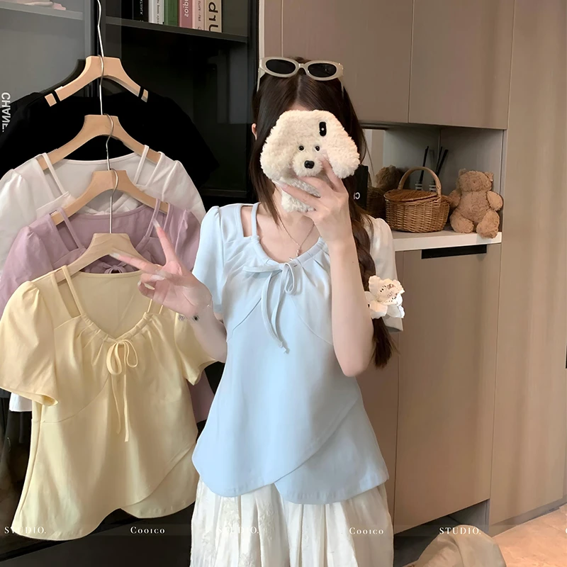 大码女装蝴蝶结正肩短袖t恤女夏季新款胖妹妹遮肉显瘦别致上衣女