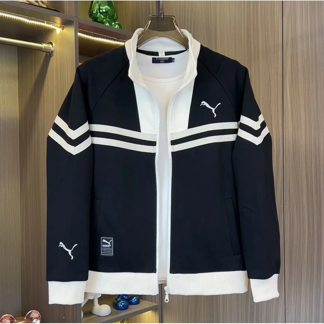 2025秋季新款男士立领休闲针织潮流撞色条纹时尚运动外套夹克拼接