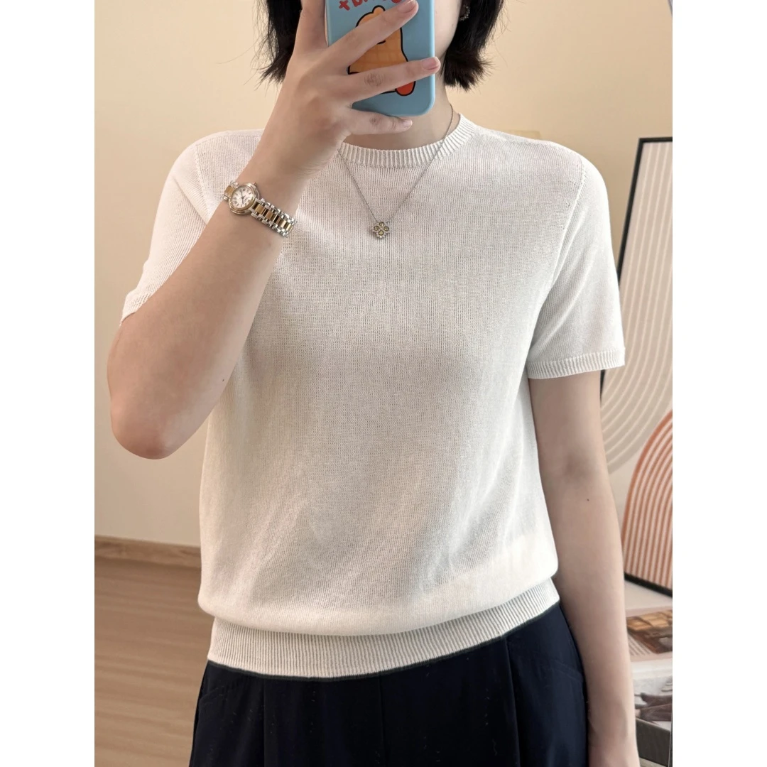 「和纸纱」夏季纯色无缝一线成衣显瘦圆领百搭针织短袖T恤Q0363
