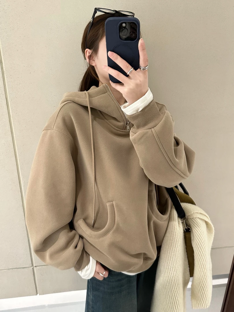 加绒双裁线帽子内搭外穿都好看弯兜卫衣帽衫云小熊服饰