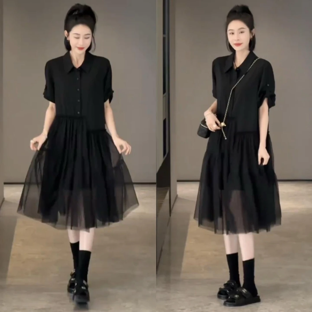 时尚拼接网纱假两件黑色连衣裙女2025夏季洋气宽松显瘦大摆衬衫裙
