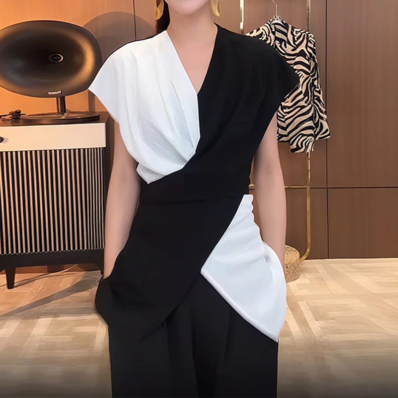 法式轻奢设计感撞色V领衬衫女新款轻薄透气慵懒显瘦多穿法上衣夏