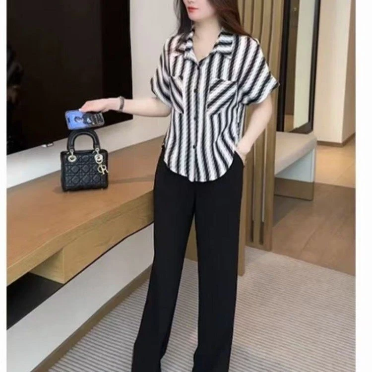 条纹单排多扣夏季薄款衬衫拼接POLO领显瘦休闲女装气质洋气时尚