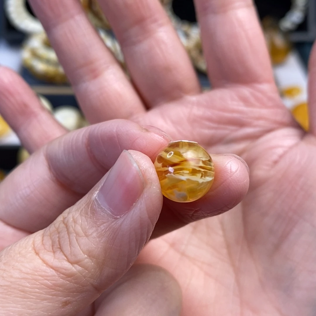 蜜蜡未镶嵌裸石金拉丝纹圆珠单珠12.5