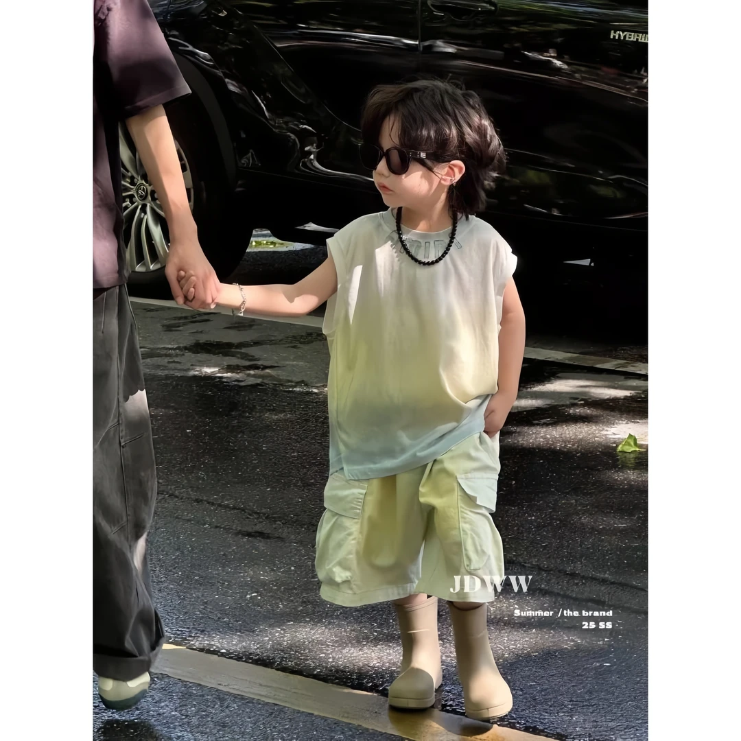 【小哥穿搭】男童夏季时尚坎肩背心套装渐变无袖牛仔中裤套装66D88