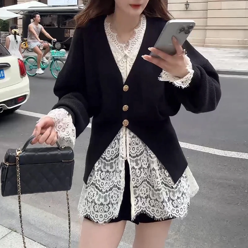 2025年春秋夏季款韩版时尚休闲套装女开衫+纯欲蕾丝+短裤三件套女
