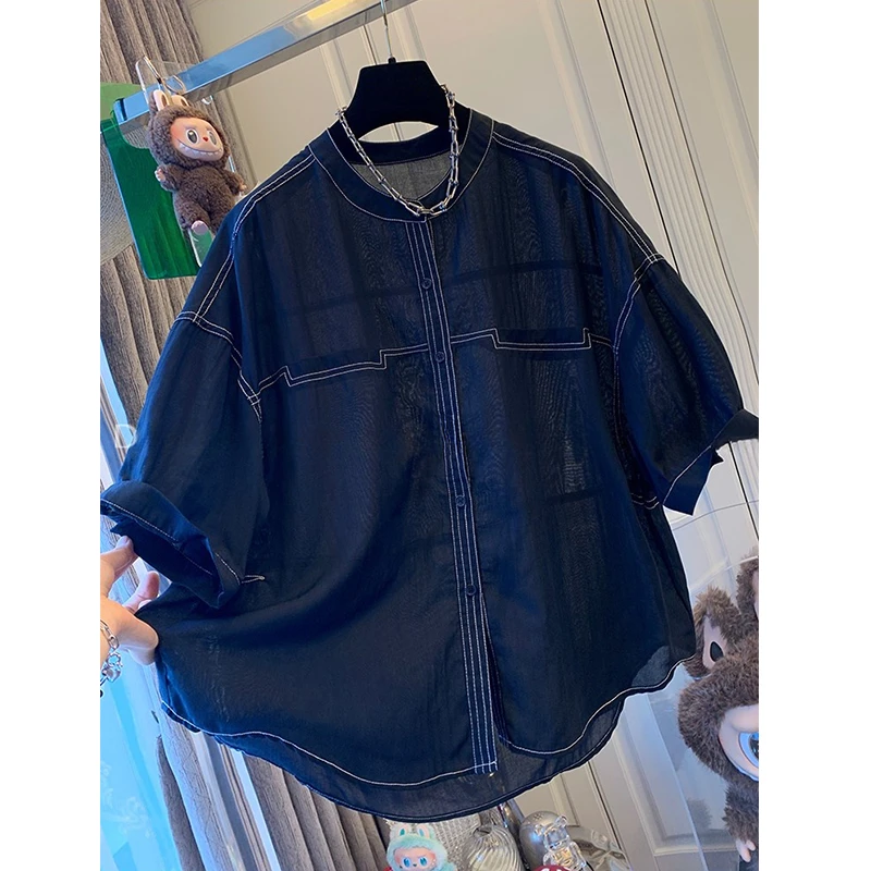 胖妹妹240斤大码独特设计感明线薄款短袖衬衫女夏季气质减龄上衣