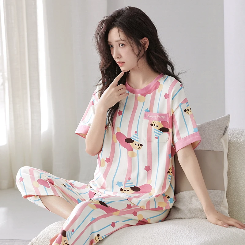 【拍一发三】2025新款睡衣女夏季纯棉短袖七分裤家居服套装薄款睡裙