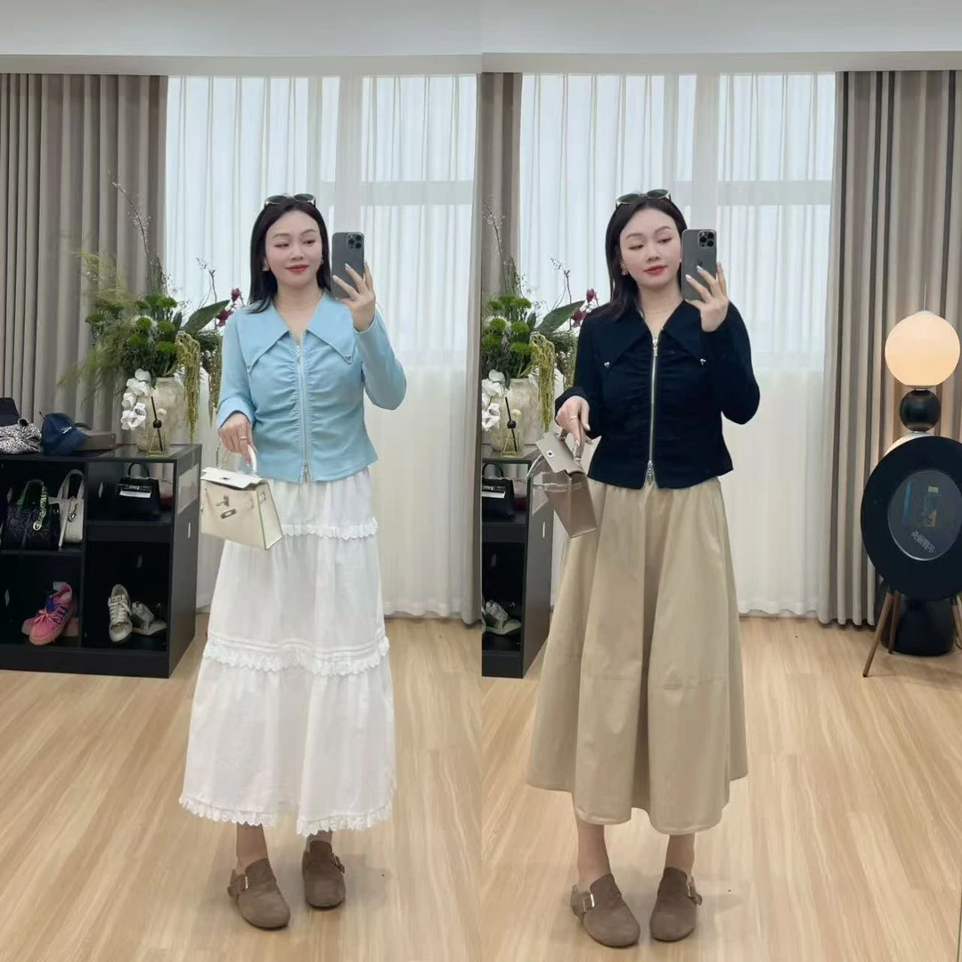 7263-褶皱修身显瘦爱心拉链翻领上衣