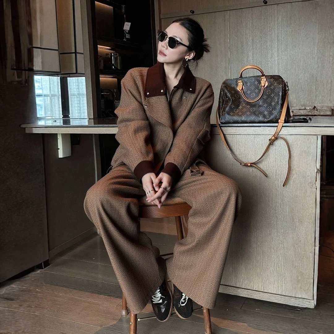 法式气质穿搭一整套高级感复古老钱风咖色灯芯绒外套阔腿裤套装秋