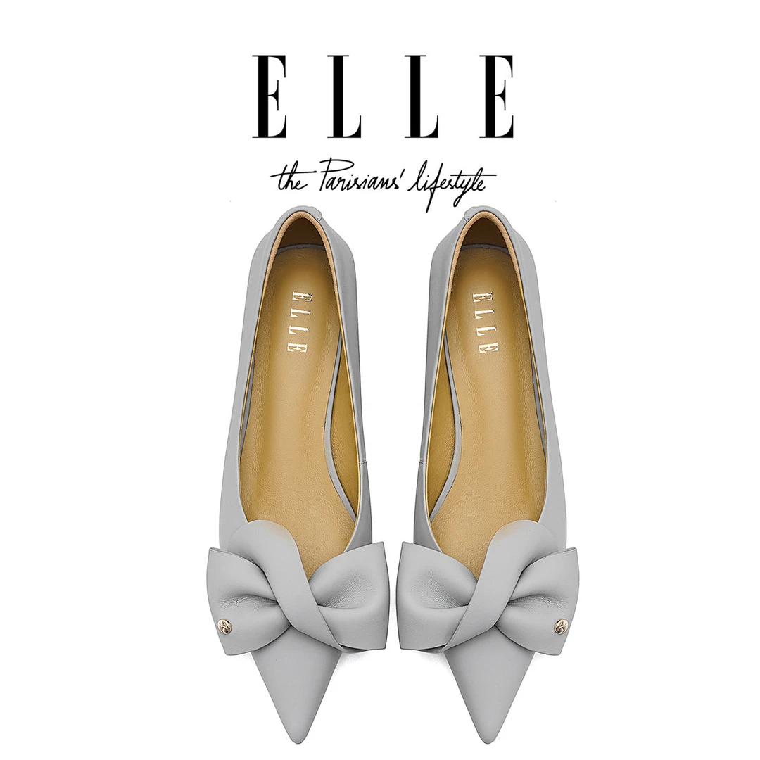 ELLE专柜同款法式甜美蝴蝶结羊皮单鞋尖头不闷脚浅口气质时装鞋女