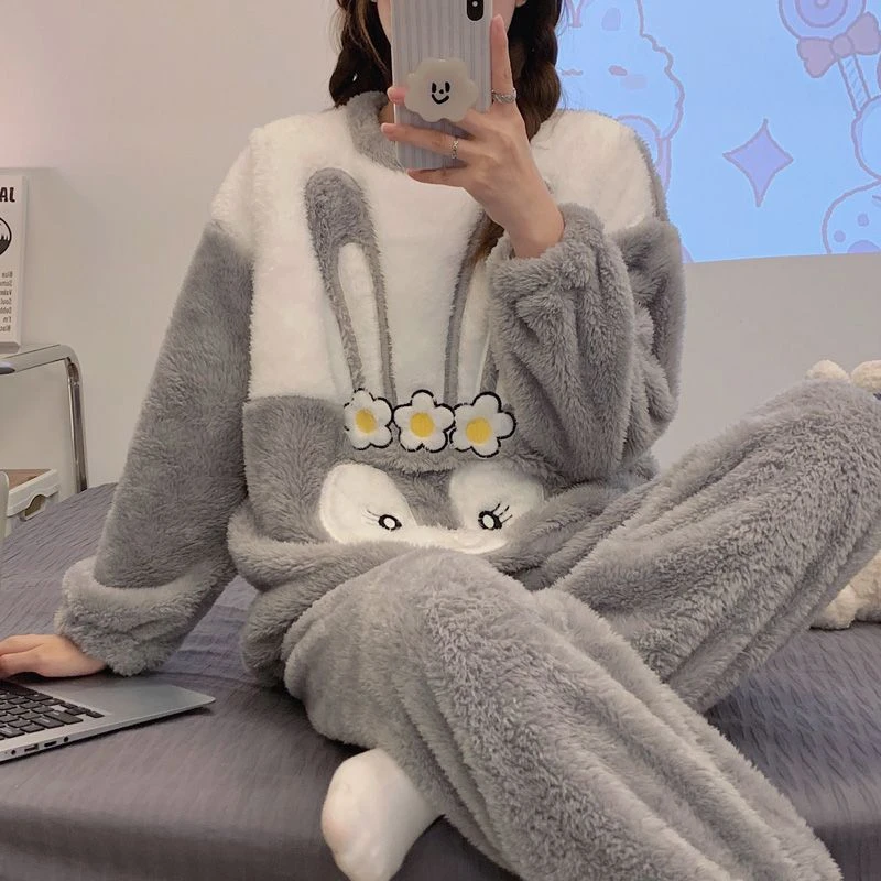 法兰绒睡衣2024秋冬新款加厚珊瑚绒孕妈妈套装哺乳产前产后月子服