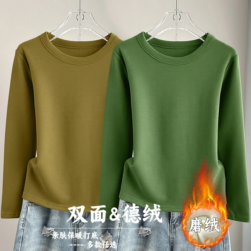 2025春秋新款德绒保暖小圆领打底薄衫女士妈妈款内搭纯色长袖体恤