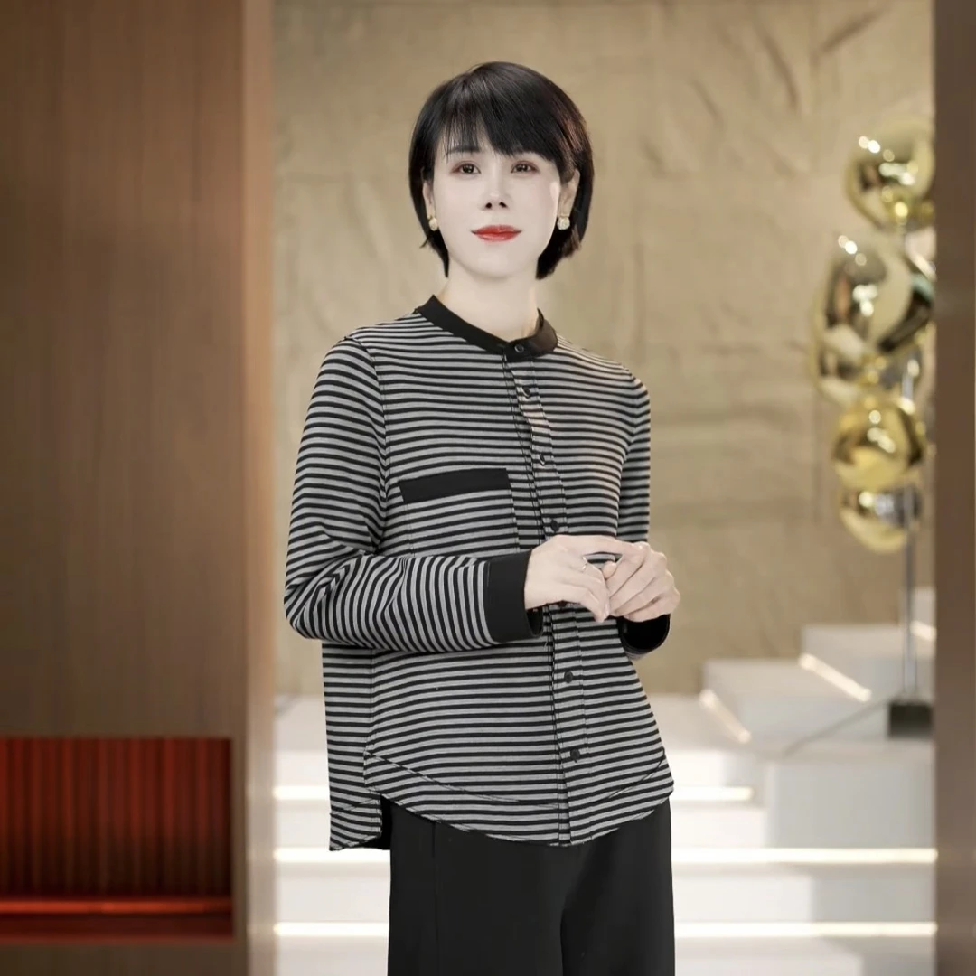 【渲渲推荐】H-F340时尚圆领口袋条纹针织衫