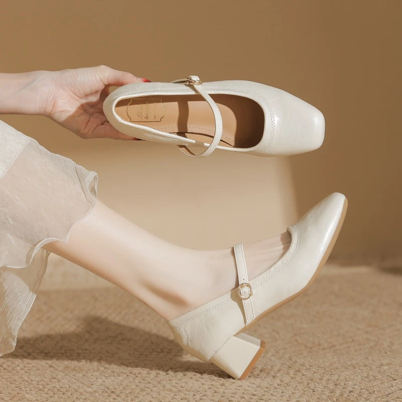 超软~真皮仙女风玛丽珍鞋法式单鞋旗袍鞋一字扣皮鞋裸色高跟女鞋