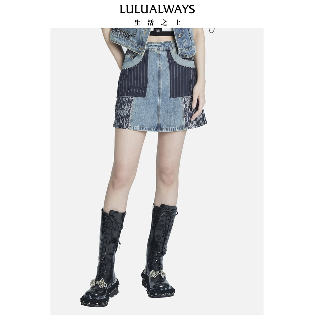 【蜜思仝粉丝专享】LULUALWAYS秋新款高腰A字口袋牛仔半裙LOC4012