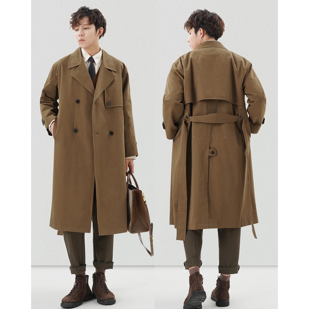 水洗棉过膝风衣男士中长款帅气英伦风韩版春秋潮流休闲男战壕外套