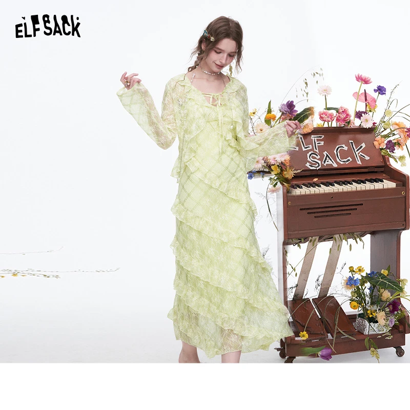 【新】妖精的口袋蕾丝木耳边连衣裙女春季新款修身气质度假长裙子