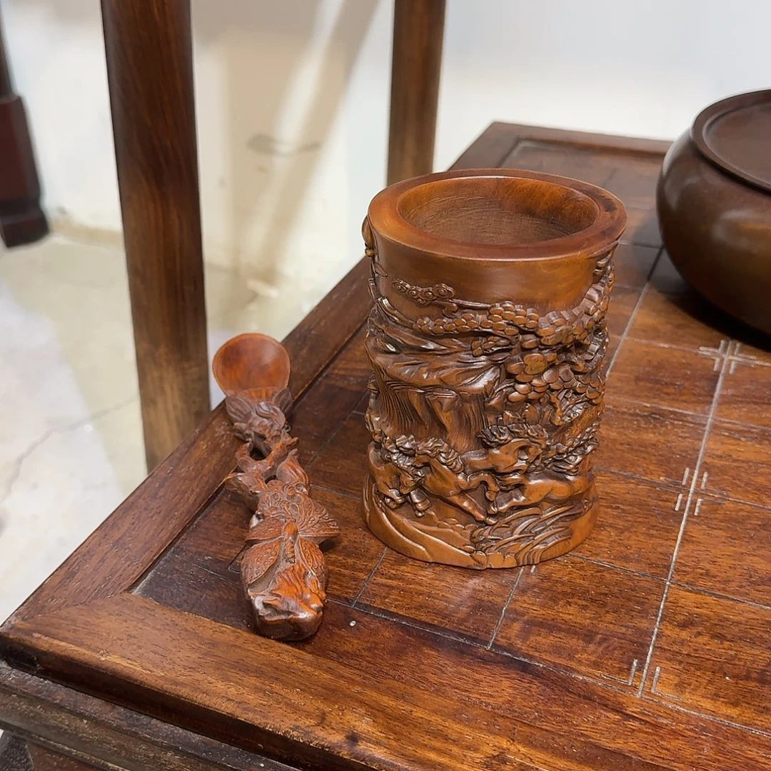 可***姐木复古装饰摆件笔筒茶铲