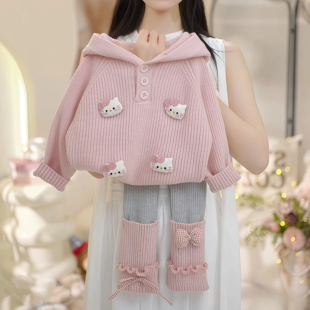 女童可爱连帽毛衣堆堆袜套装2025新款甜美卡通针织衫保暖打底裤秋