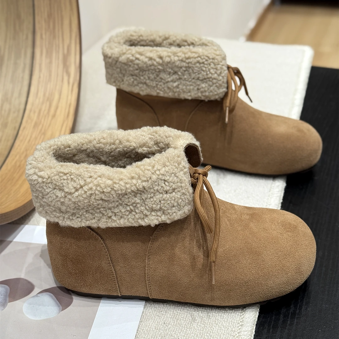 真皮翻领羊羔毛加绒系带雪地靴女2025新款冬季加厚保暖内增高棉靴
