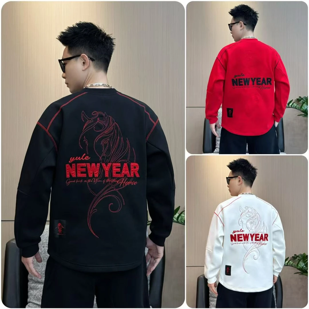 马年红色新年款氛围感加厚刺绣短袖长袖卫衣T宽松百搭套头