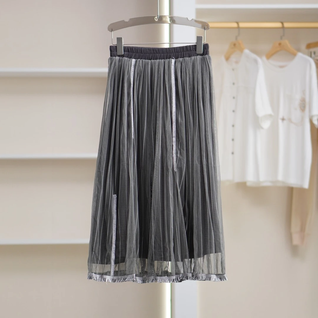 【诗M】E126 女装夏流苏纱裙半身裙灰色2113227