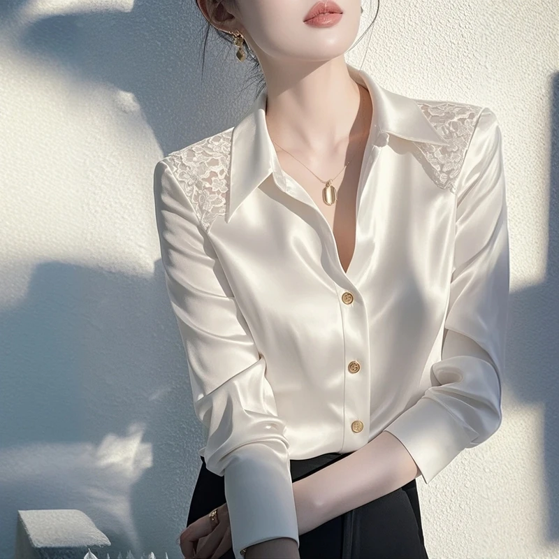 白色衬衫小众炸街高级感女装上班族通勤风上衣别致漂亮缎面衬衣春