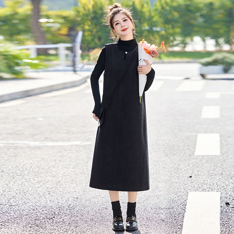 长袖宽松腰连衣裙保暖卫衣裙过膝打底黑色御姐风显瘦气质针织