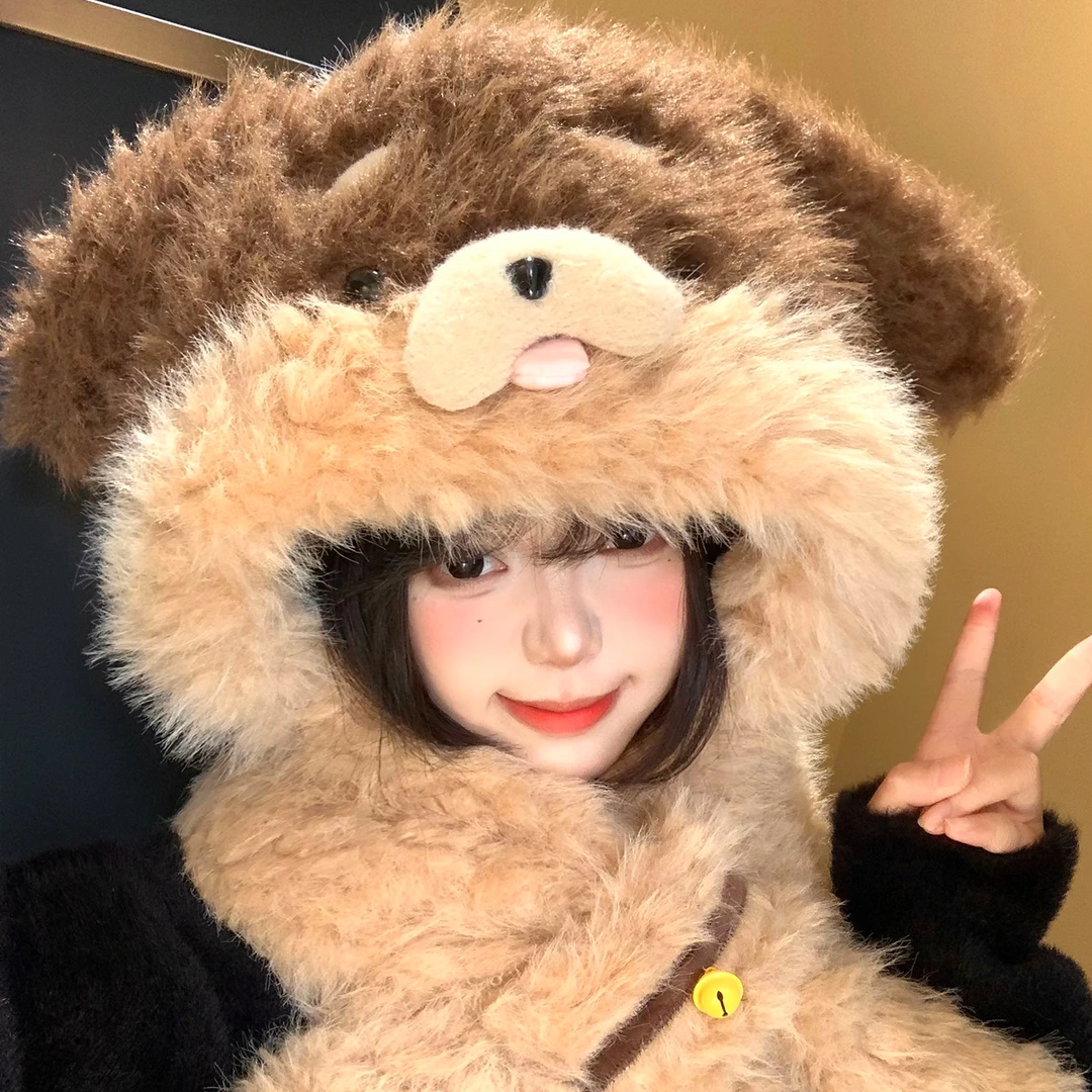 可爱小狗耳朵毛绒帽子围巾一体女秋冬季保暖防寒加绒护耳雷锋帽子