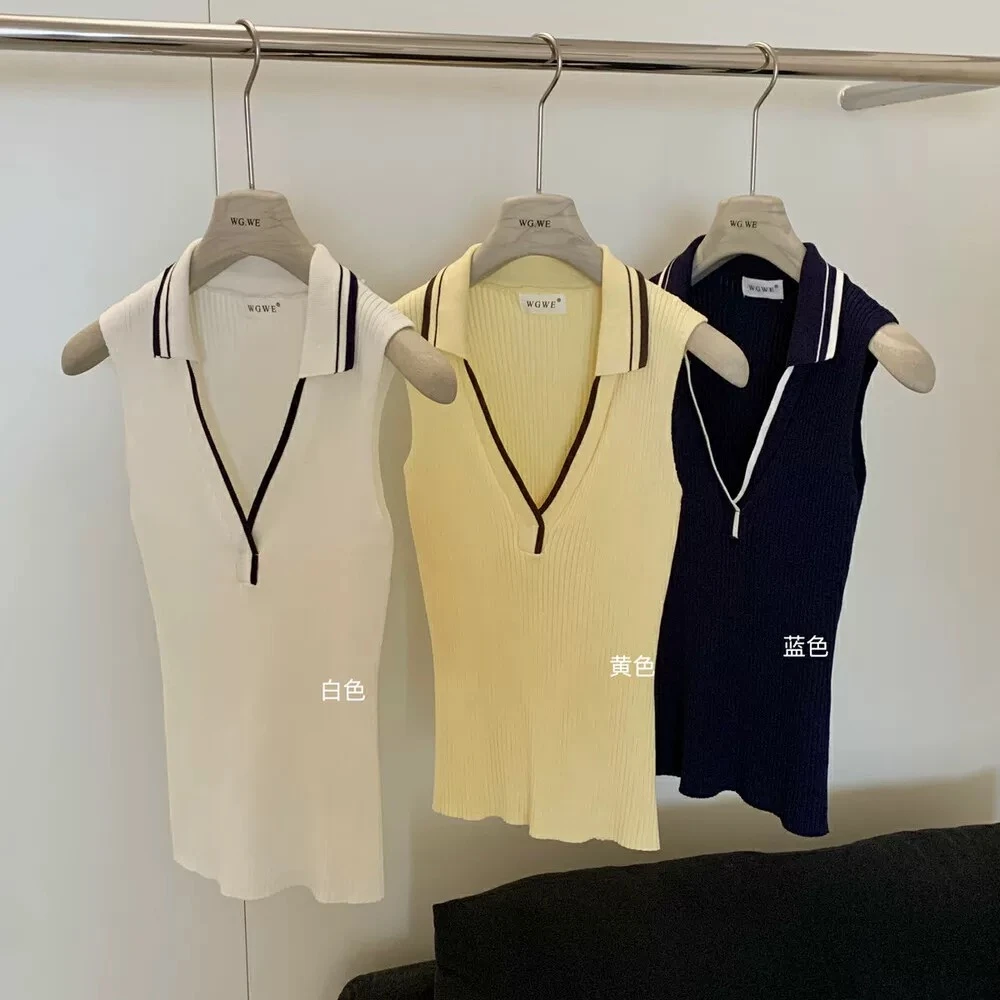 夏季新款女装罗纹无袖polo领运动风马球衫