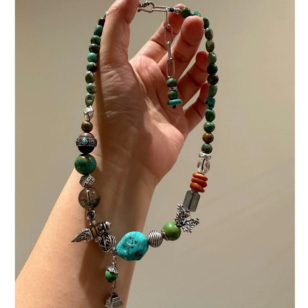 吊坠925银 N18283 绿幽幽灰月光白色水水项链复古拼接百搭民族风