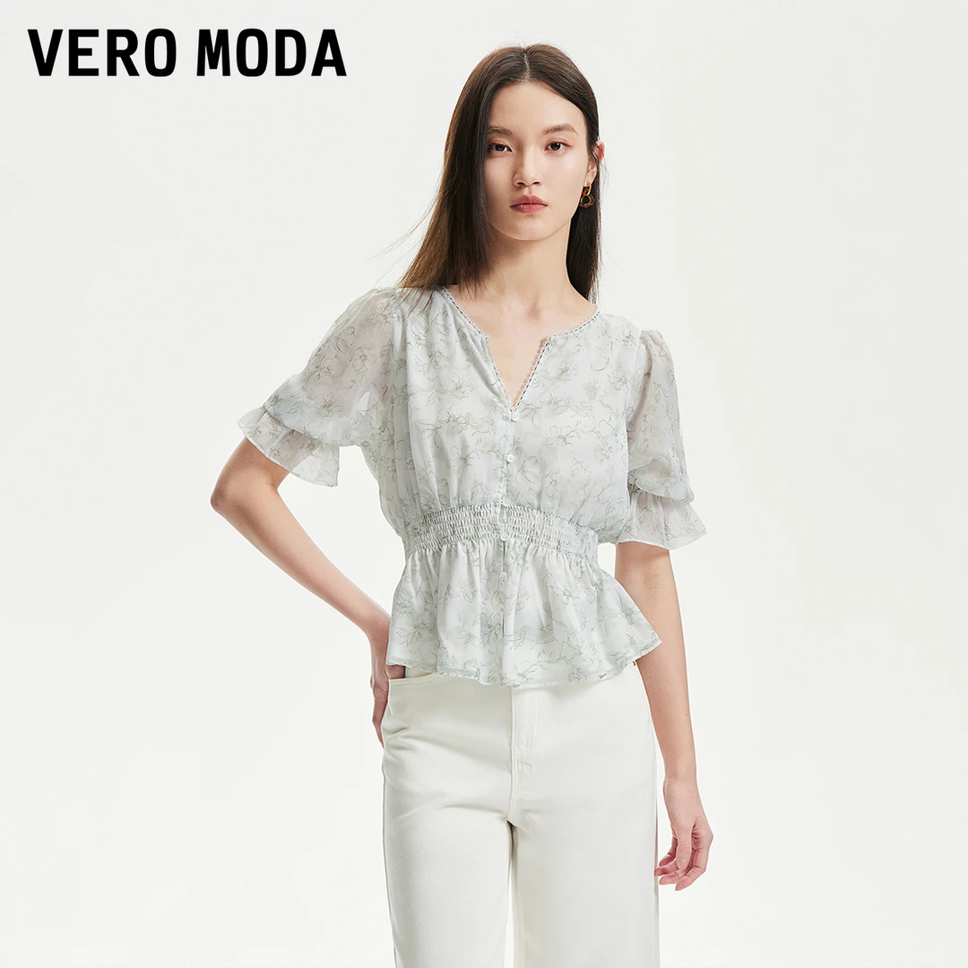 Vero Moda衬衫25夏新款松紧腰碎花V领泡泡袖度假风上衣32526W002