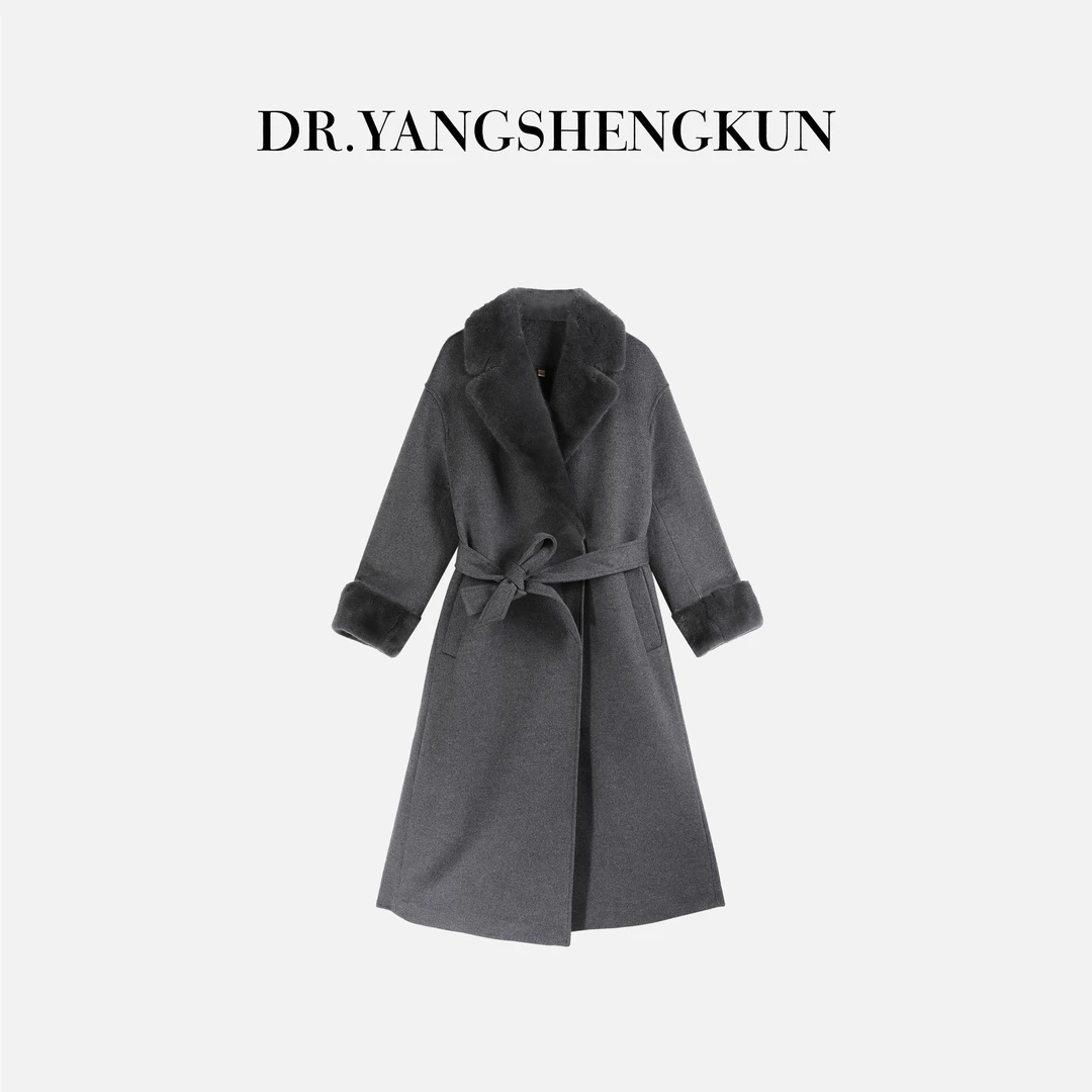 杨圣坤2025新品90白鹅绒水貂拼接中长款羊绒混纺大衣S825120830