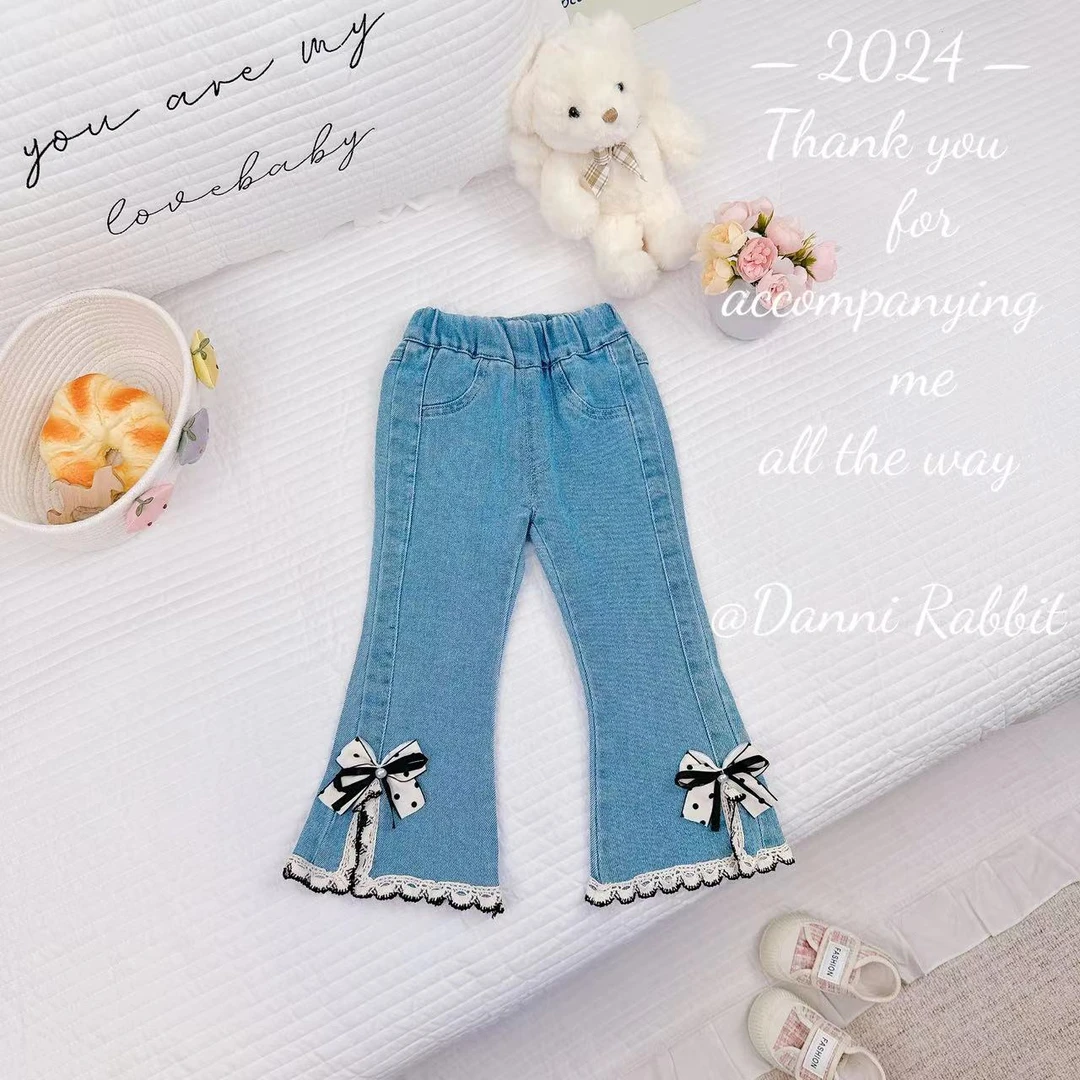 秋季新品女童蝴蝶结花边喇叭牛仔裤 D-Z195