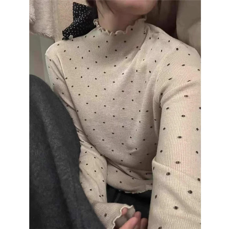 洋气半高领白色波点针织打底衫女秋冬独特别致毛衣内搭木耳边上衣