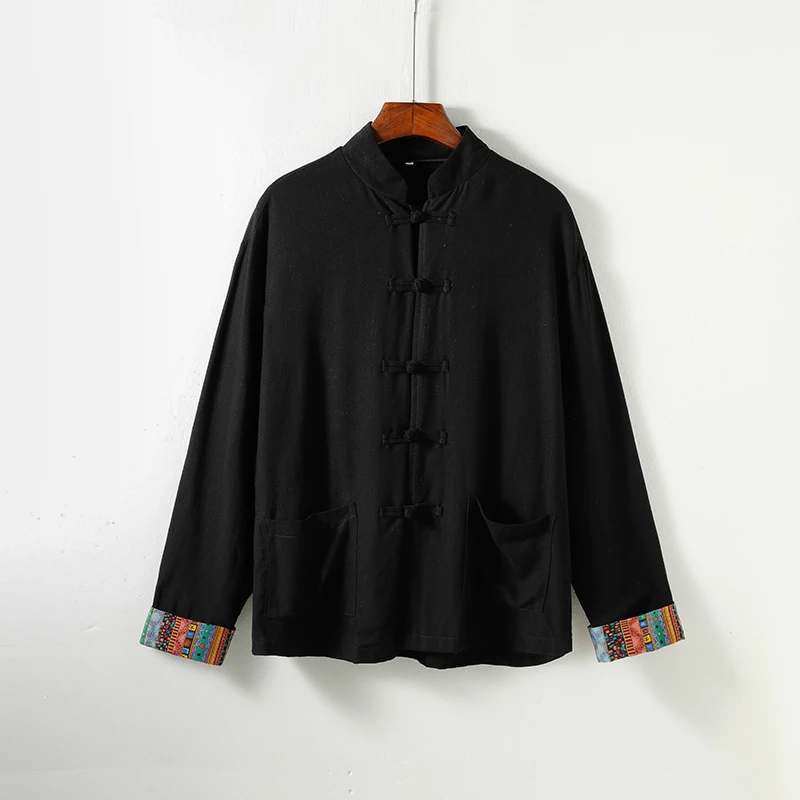 新中式藏式民族风印花衬衫男长袖中国风棉麻唐装立领盘扣茶服外套